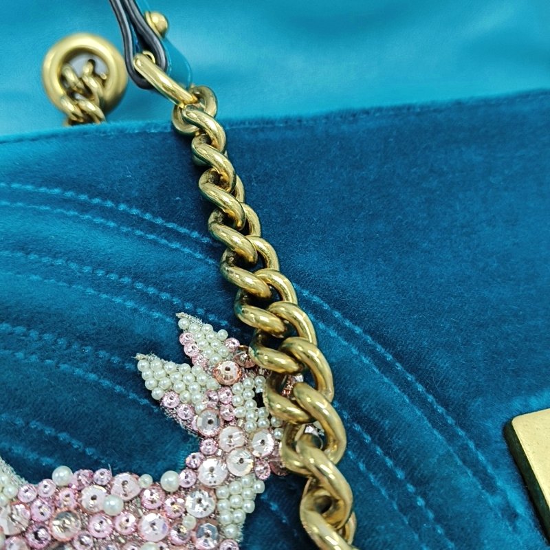 GUCCI GG Marmont 小號藍色絲絨印花絎縫單肩包斜挎包 金色五金 配件齊全-13