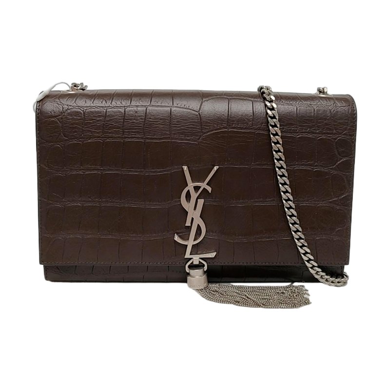 YSL KATE 中號 深棕色牛皮流蘇壓紋斜挎包單肩包 銀色五金 9.8新-0