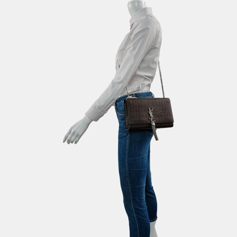 YSL KATE 中號 深棕色牛皮流蘇壓紋斜挎包單肩包 銀色五金 9.8新-1