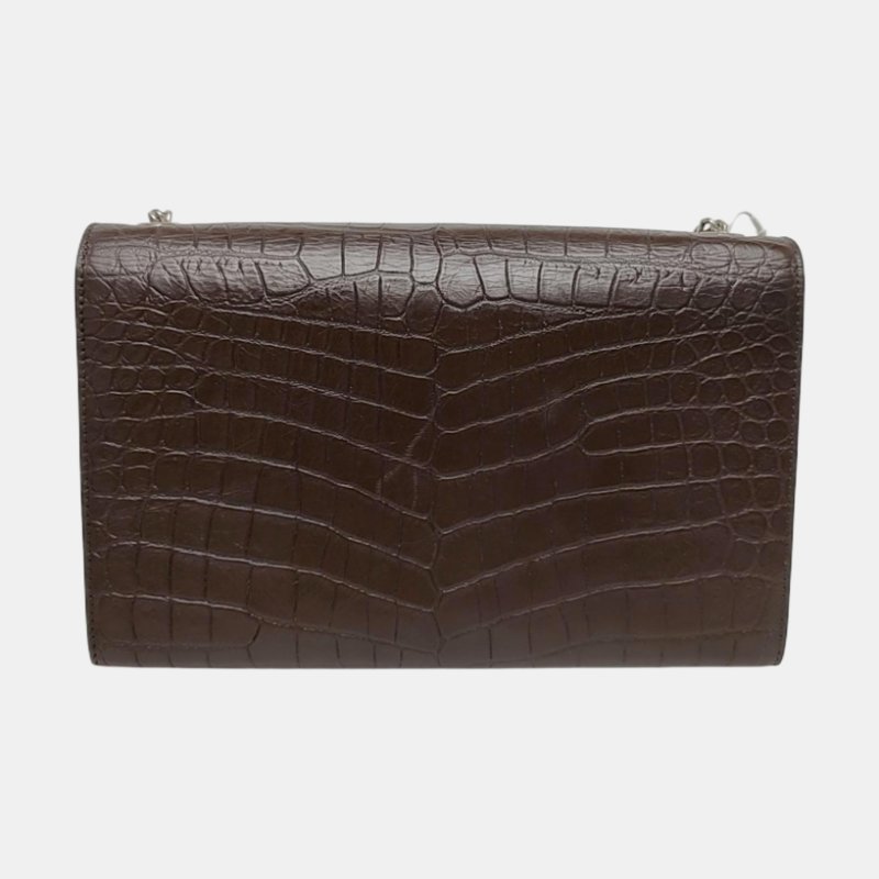 YSL KATE 中號 深棕色牛皮流蘇壓紋斜挎包單肩包 銀色五金 9.8新-4