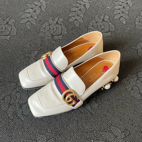 gucci 雙g珍珠奶白色高跟鞋36碼，成色