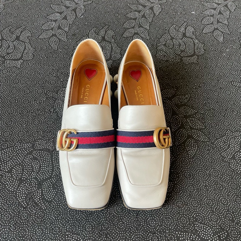 gucci 雙g珍珠奶白色高跟鞋36碼，成色-1
