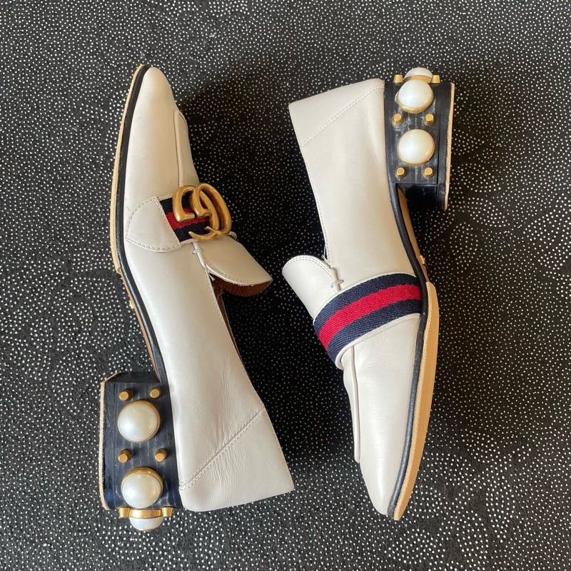 gucci 雙g珍珠奶白色高跟鞋36碼，成色-5