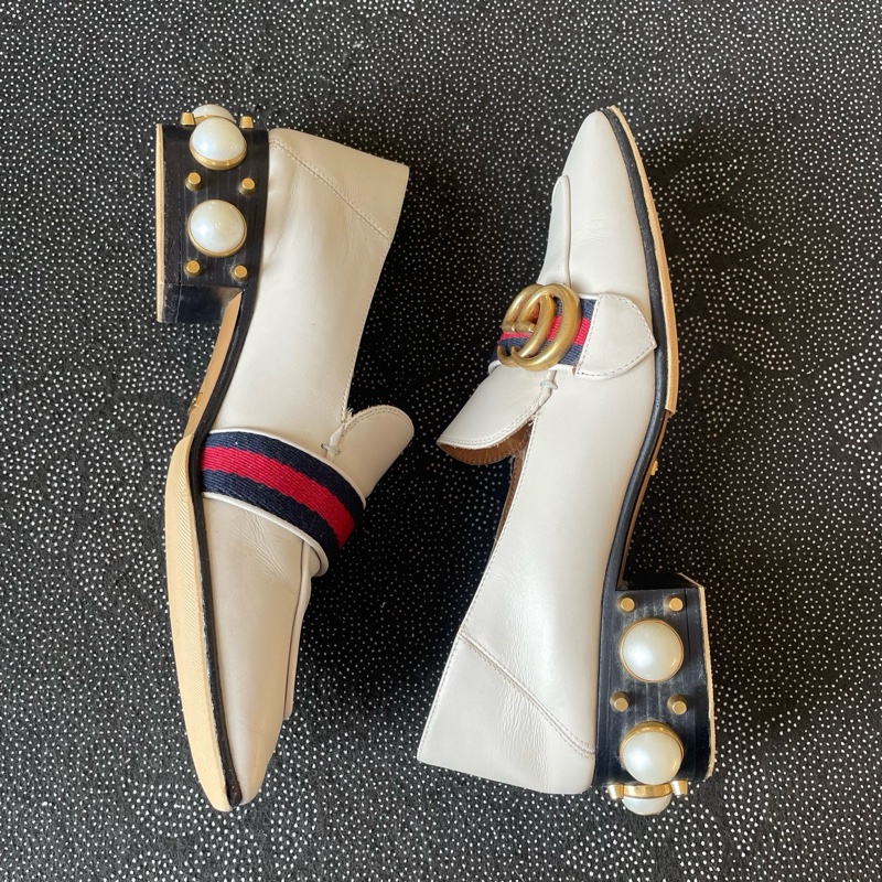 gucci 雙g珍珠奶白色高跟鞋36碼，成色-6