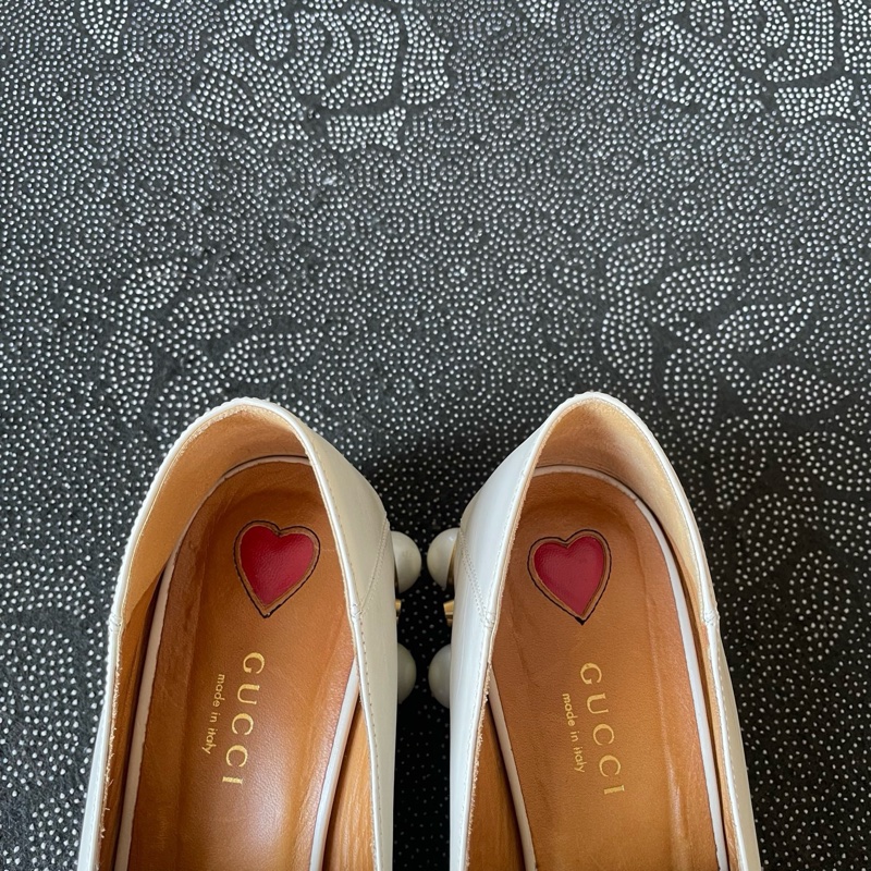 gucci 雙g珍珠奶白色高跟鞋36碼，成色-7