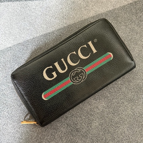 Gucci綠紅綠織帶標誌拉鍊長夾-黑