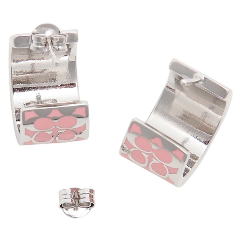 【COACH】經典LOGO耳環-銀粉紅-1