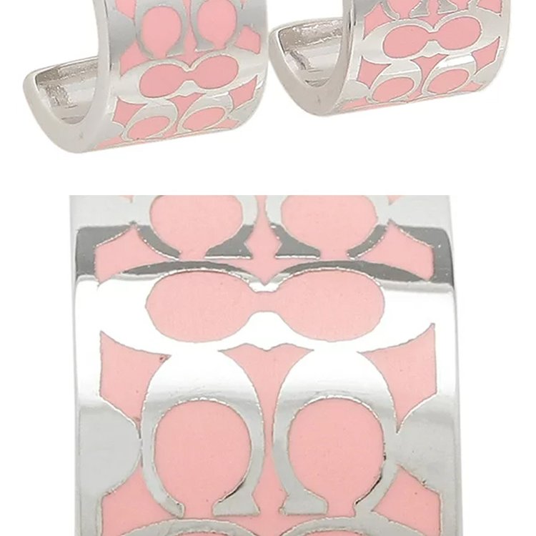 【COACH】經典LOGO耳環-銀粉紅-3