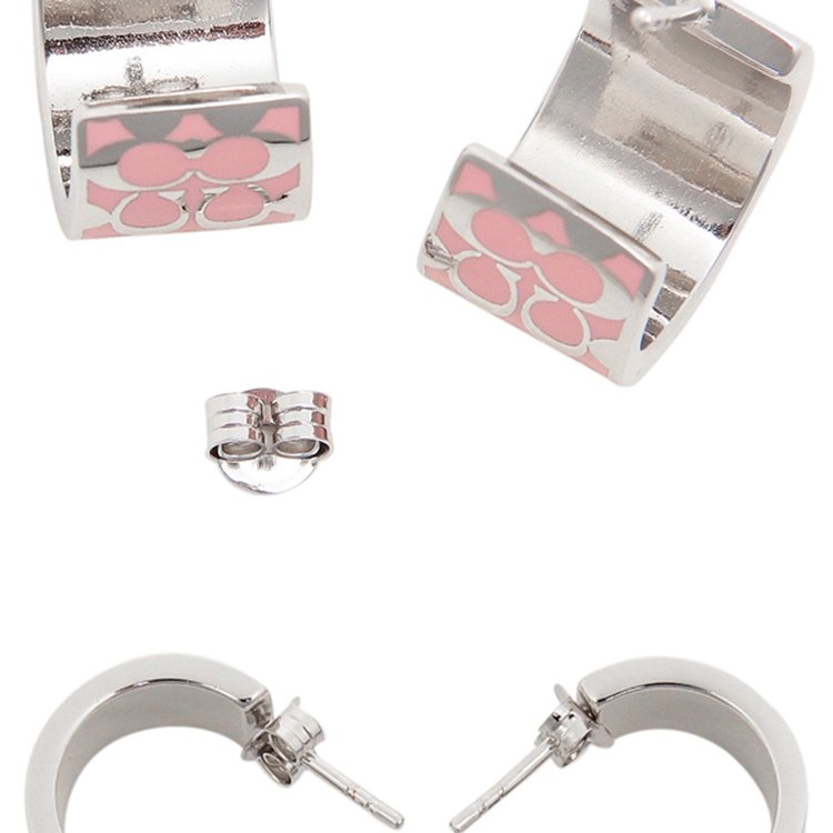 【COACH】經典LOGO耳環-銀粉紅-4