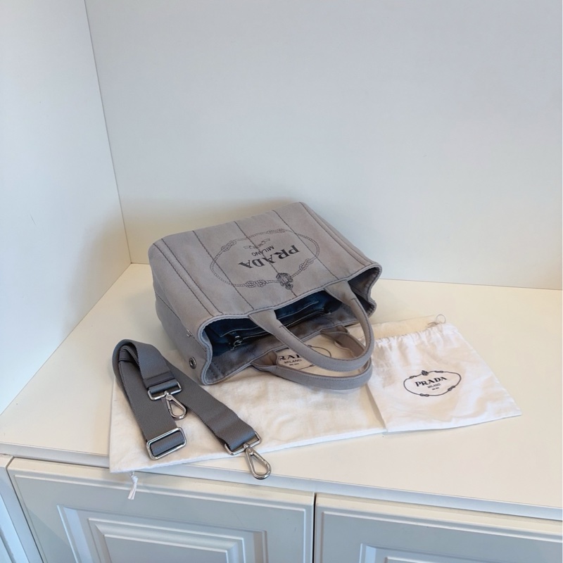 【98新🆕】Prada 淺灰帆布沙灘包 手提包 單肩包-6