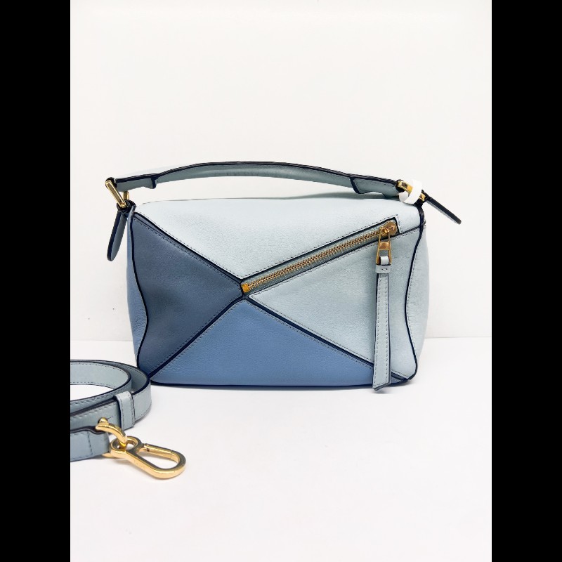 Loewe Puzzle 藍色拼色小號皮革手提肩背包幾何包-1