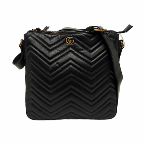 GUCCI GG Marmont 黑色牛皮绗缝波浪纹单肩包斜挎包 金色五金 9.8新