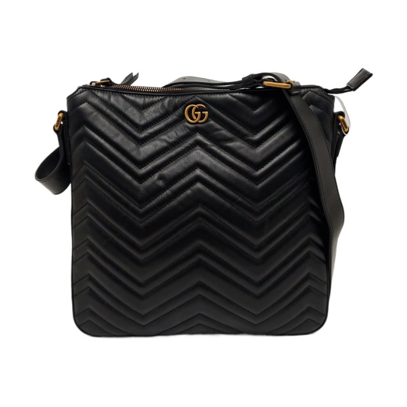 GUCCI GG Marmont 黑色牛皮绗缝波浪纹单肩包斜挎包 金色五金 9.8新-0