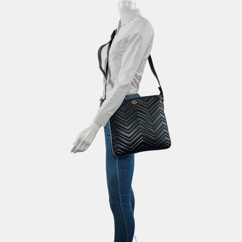 GUCCI GG Marmont 黑色牛皮绗缝波浪纹单肩包斜挎包 金色五金 9.8新-1