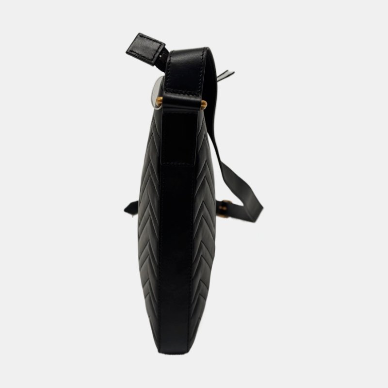 GUCCI GG Marmont 黑色牛皮绗缝波浪纹单肩包斜挎包 金色五金 9.8新-2