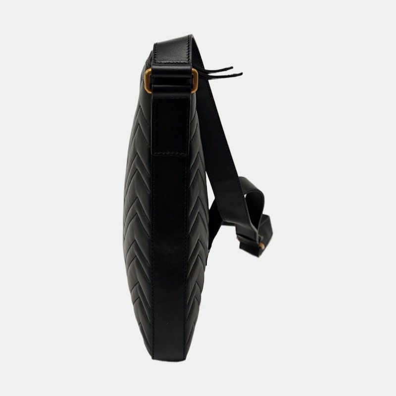 GUCCI GG Marmont 黑色牛皮绗缝波浪纹单肩包斜挎包 金色五金 9.8新-3