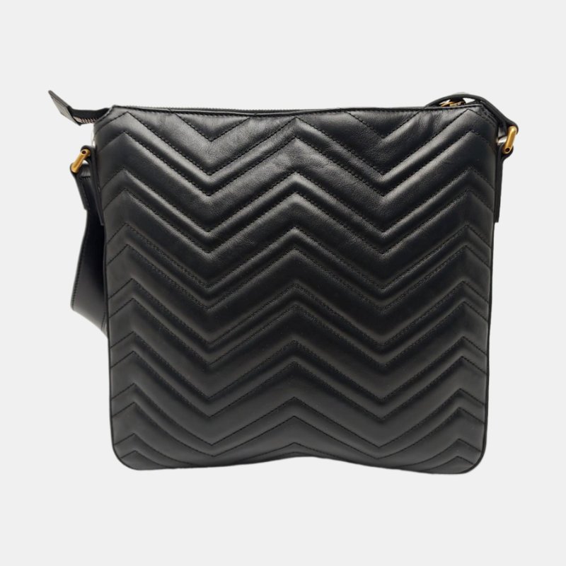 GUCCI GG Marmont 黑色牛皮绗缝波浪纹单肩包斜挎包 金色五金 9.8新-4