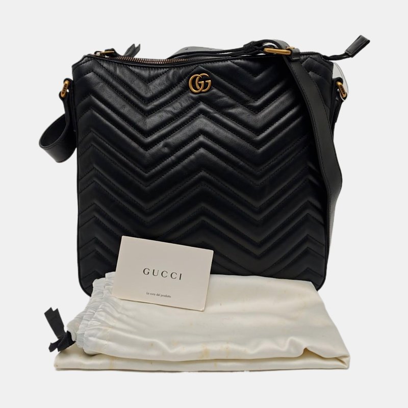 GUCCI GG Marmont 黑色牛皮绗缝波浪纹单肩包斜挎包 金色五金 9.8新-7