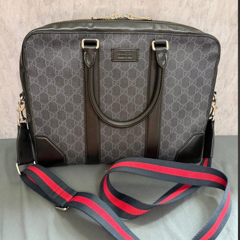 Gucci經典老花條紋織帶手提/斜背公事包-0