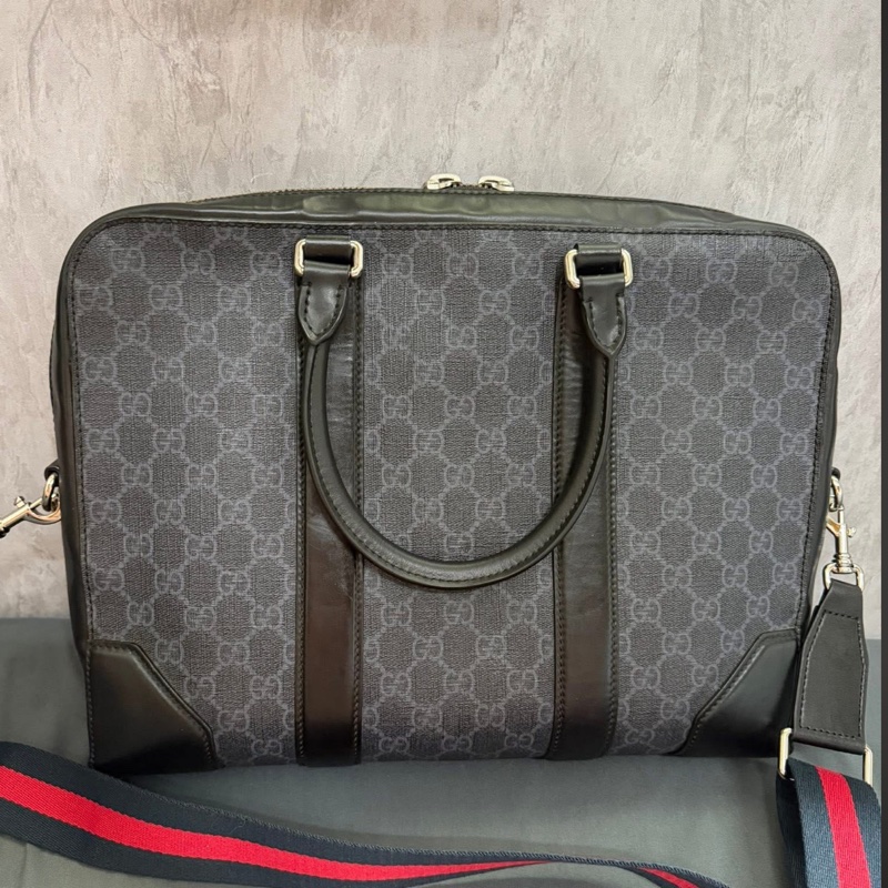 Gucci經典老花條紋織帶手提/斜背公事包-1