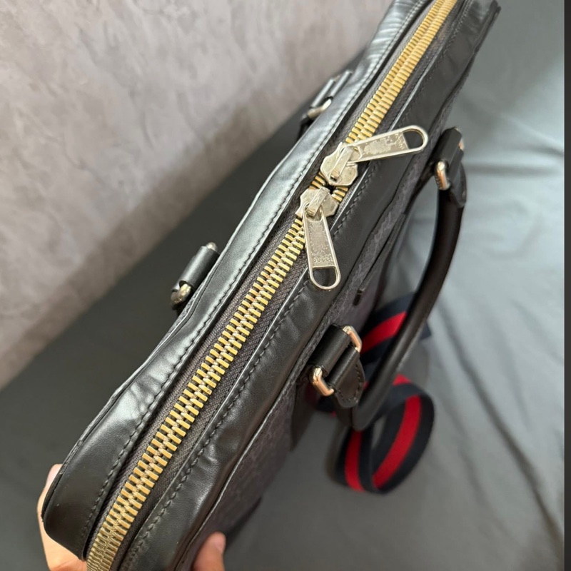 Gucci經典老花條紋織帶手提/斜背公事包-5