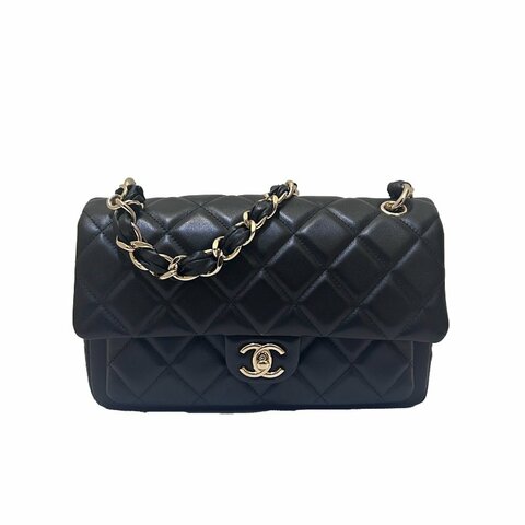 CHANEL黑金羊皮菱格紋粗鍊肩背包