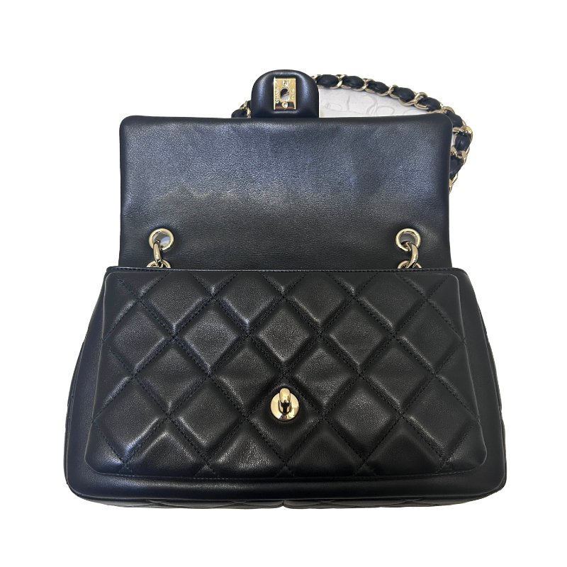 CHANEL黑金羊皮菱格紋粗鍊肩背包-8