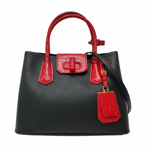 PRADA Double黑色牛皮十字紋單肩包 金色五金 可拆卸肩帶