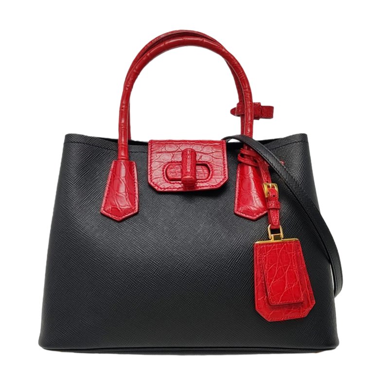 PRADA Double黑色牛皮十字紋單肩包 金色五金 可拆卸肩帶-0