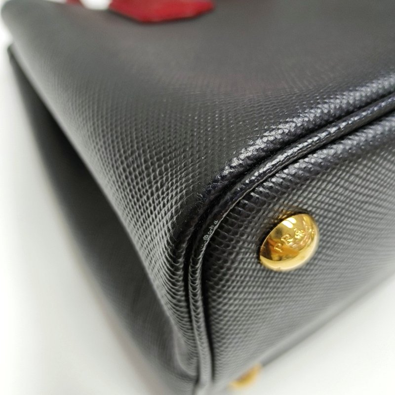 PRADA Double黑色牛皮十字紋單肩包 金色五金 可拆卸肩帶-10