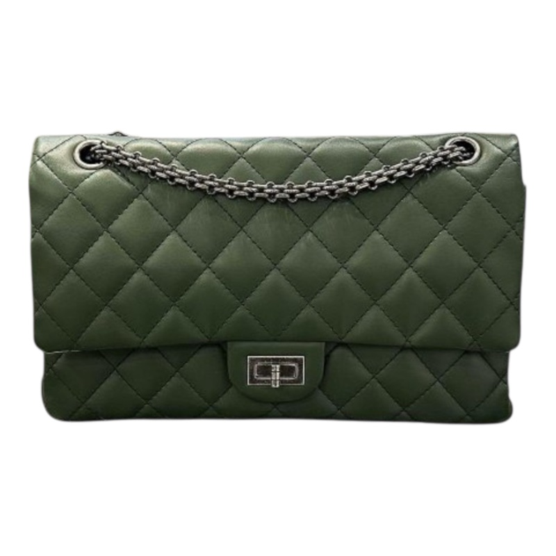 香奈兒2.55 28CM 墨綠色復古牛皮銀鍊雙蓋 口蓋包-1