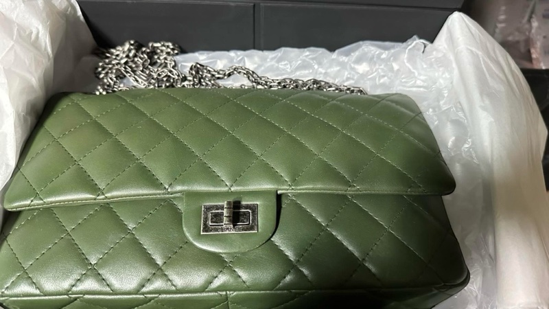 香奈兒2.55 28CM 墨綠色復古牛皮銀鍊雙蓋 口蓋包-2