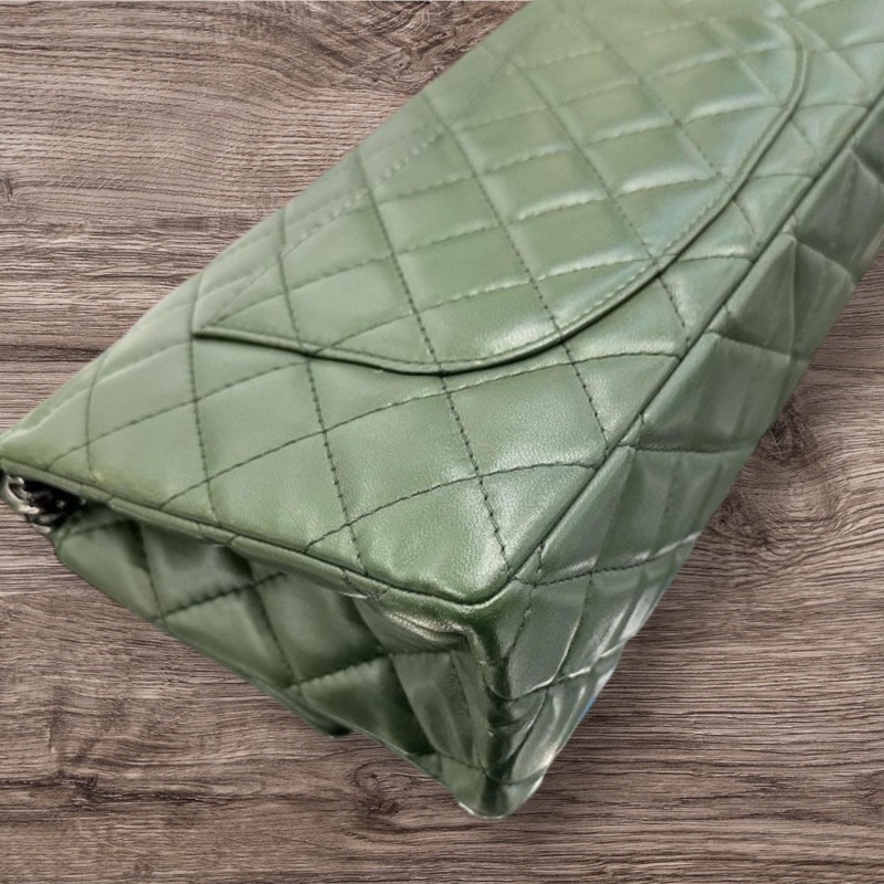 香奈兒2.55 28CM 墨綠色復古牛皮銀鍊雙蓋 口蓋包-3