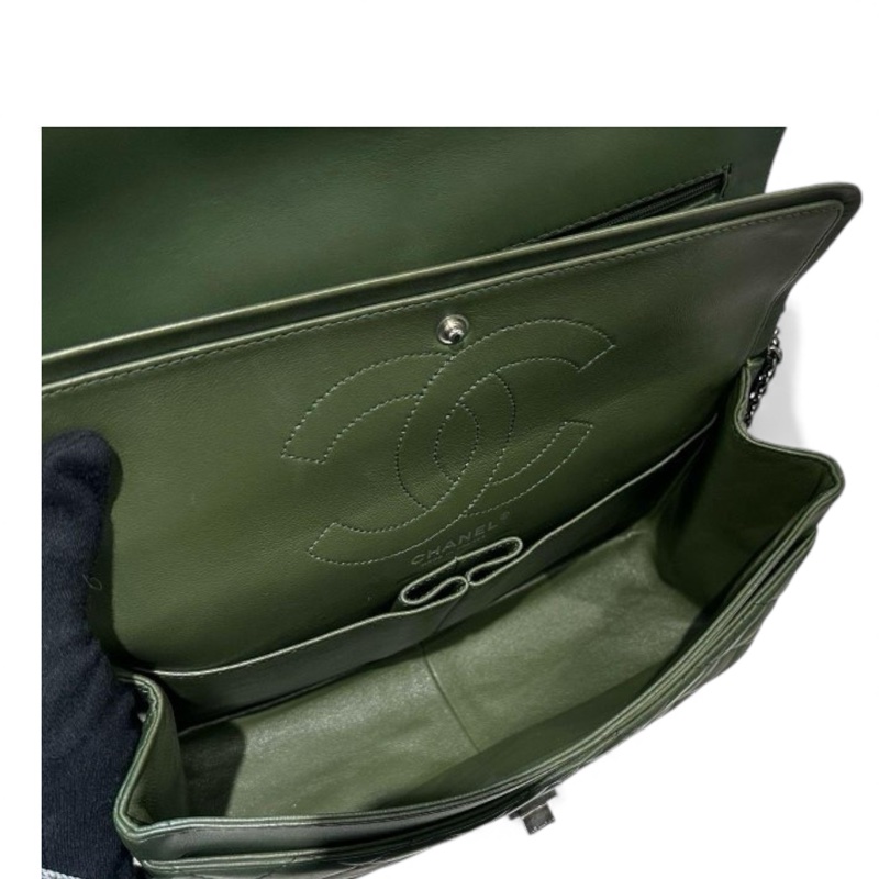 香奈兒2.55 28CM 墨綠色復古牛皮銀鍊雙蓋 口蓋包-4