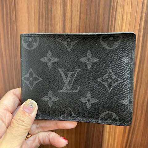 LV 黑灰原花對開5卡交叉短夾