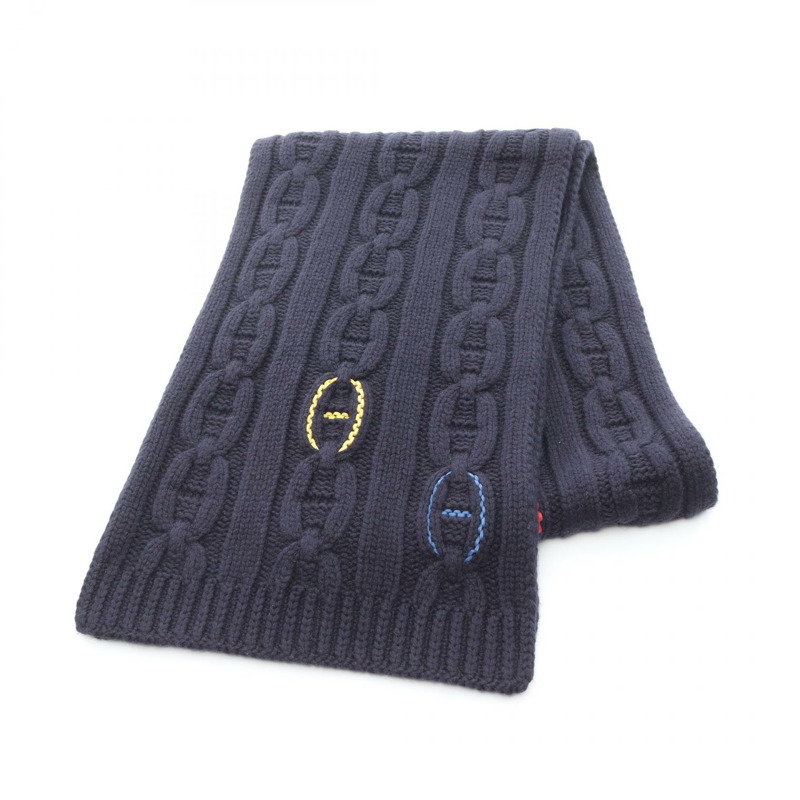 HERMES TRI-MAILLON Chaine d'Ancre 圍巾圍巾羊絨海軍藍二手男女通用-0