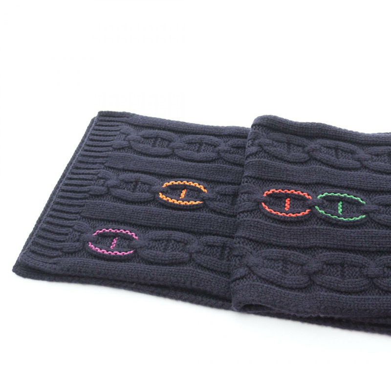 HERMES TRI-MAILLON Chaine d'Ancre 圍巾圍巾羊絨海軍藍二手男女通用-1