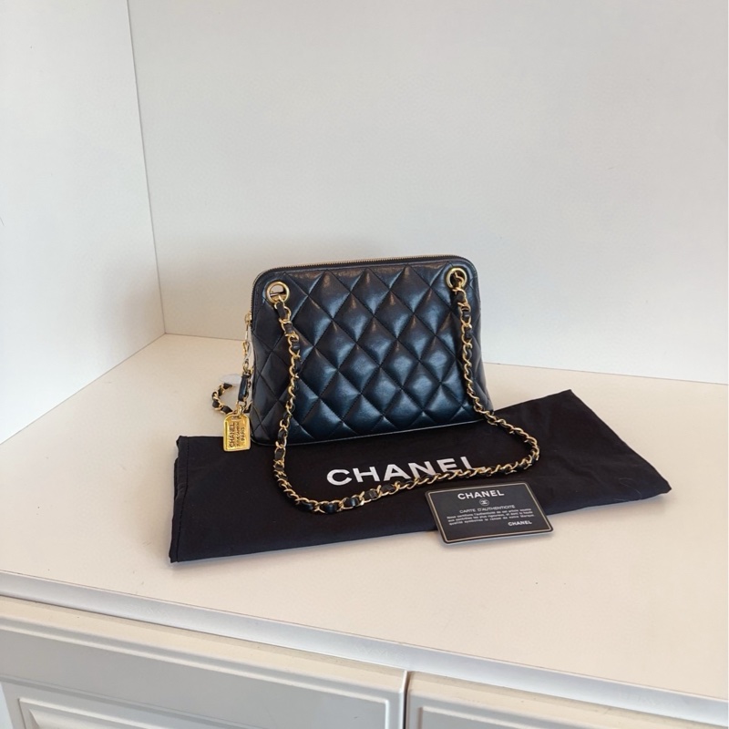 【98新🆕】Chanel vintage黑金康鵬銘牌雙鏈貝殼包 單肩包 斜挎包-0