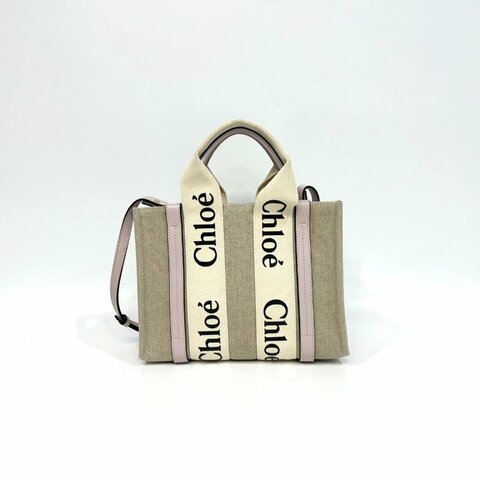 CHLOE粉色牛皮亞麻帆布小號WOODY手提側背CHC21WS397
