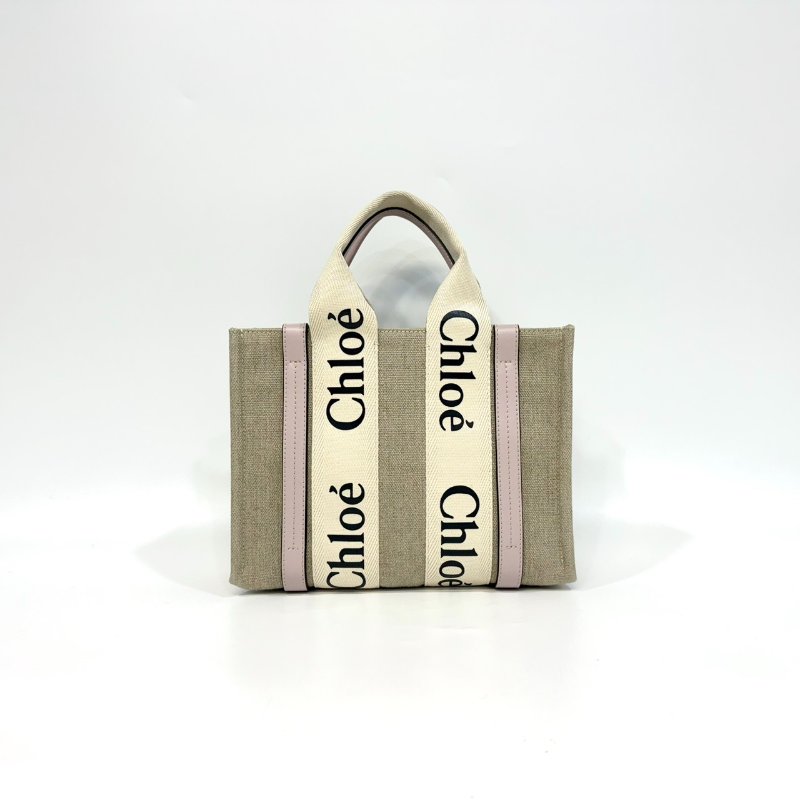 CHLOE粉色牛皮亞麻帆布小號WOODY手提側背CHC21WS397-1