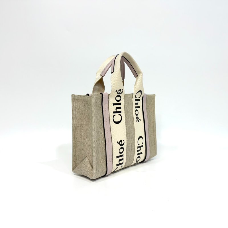 CHLOE粉色牛皮亞麻帆布小號WOODY手提側背CHC21WS397-3