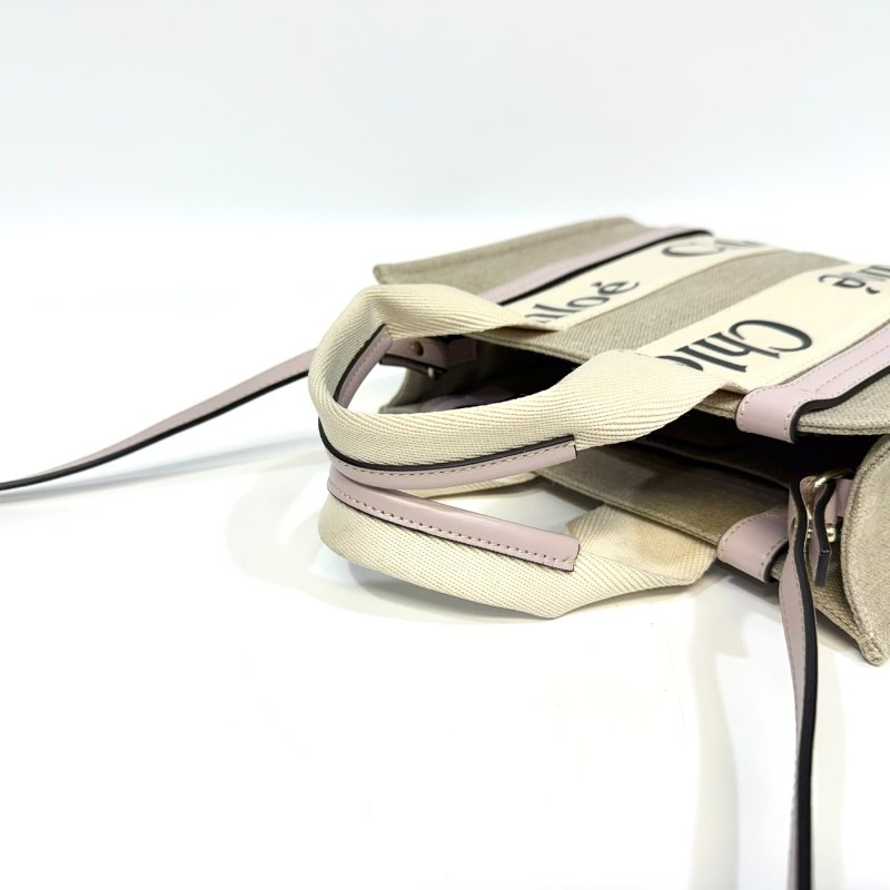 CHLOE粉色牛皮亞麻帆布小號WOODY手提側背CHC21WS397-7