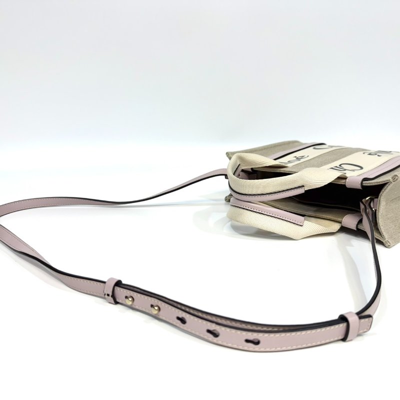 CHLOE粉色牛皮亞麻帆布小號WOODY手提側背CHC21WS397-8