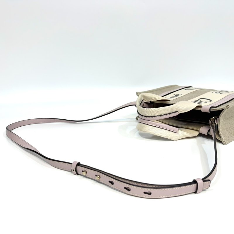 CHLOE粉色牛皮亞麻帆布小號WOODY手提側背CHC21WS397-9