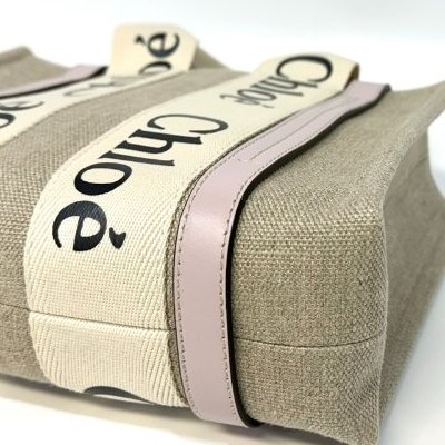 CHLOE粉色牛皮亞麻帆布小號WOODY手提側背CHC21WS397-10