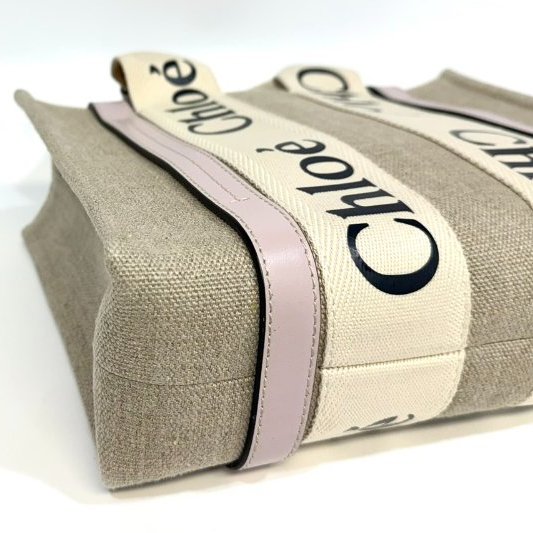 CHLOE粉色牛皮亞麻帆布小號WOODY手提側背CHC21WS397-11