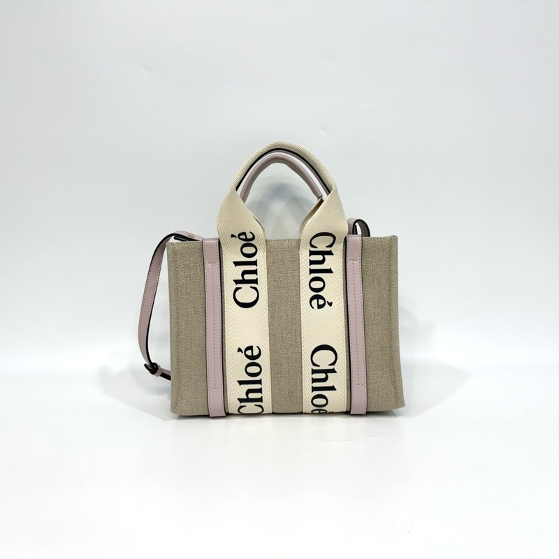 CHLOE粉色牛皮亞麻帆布小號WOODY手提側背CHC21WS397-3