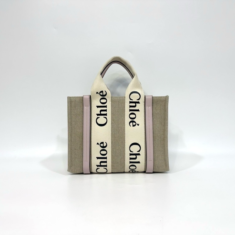 CHLOE粉色牛皮亞麻帆布小號WOODY手提側背CHC21WS397-4