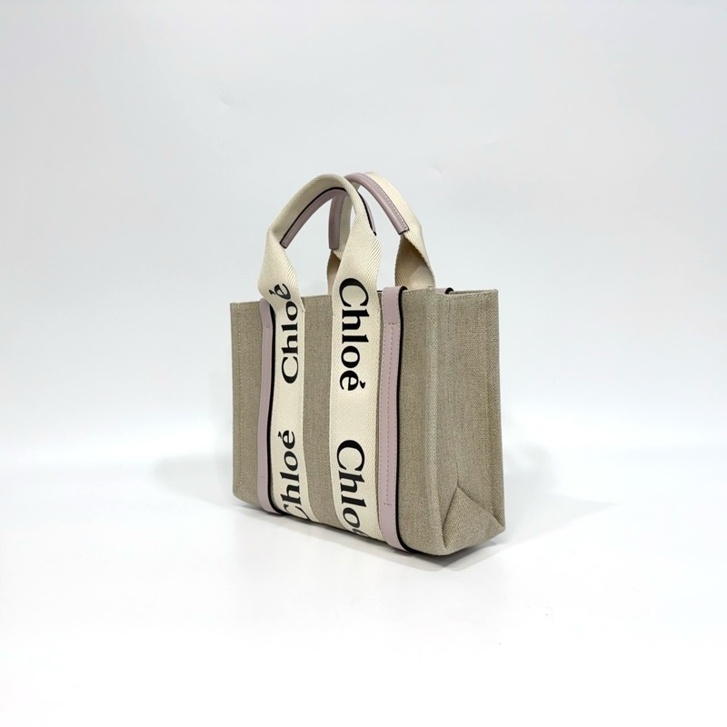 CHLOE粉色牛皮亞麻帆布小號WOODY手提側背CHC21WS397-7