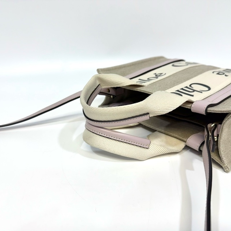 CHLOE粉色牛皮亞麻帆布小號WOODY手提側背CHC21WS397-13